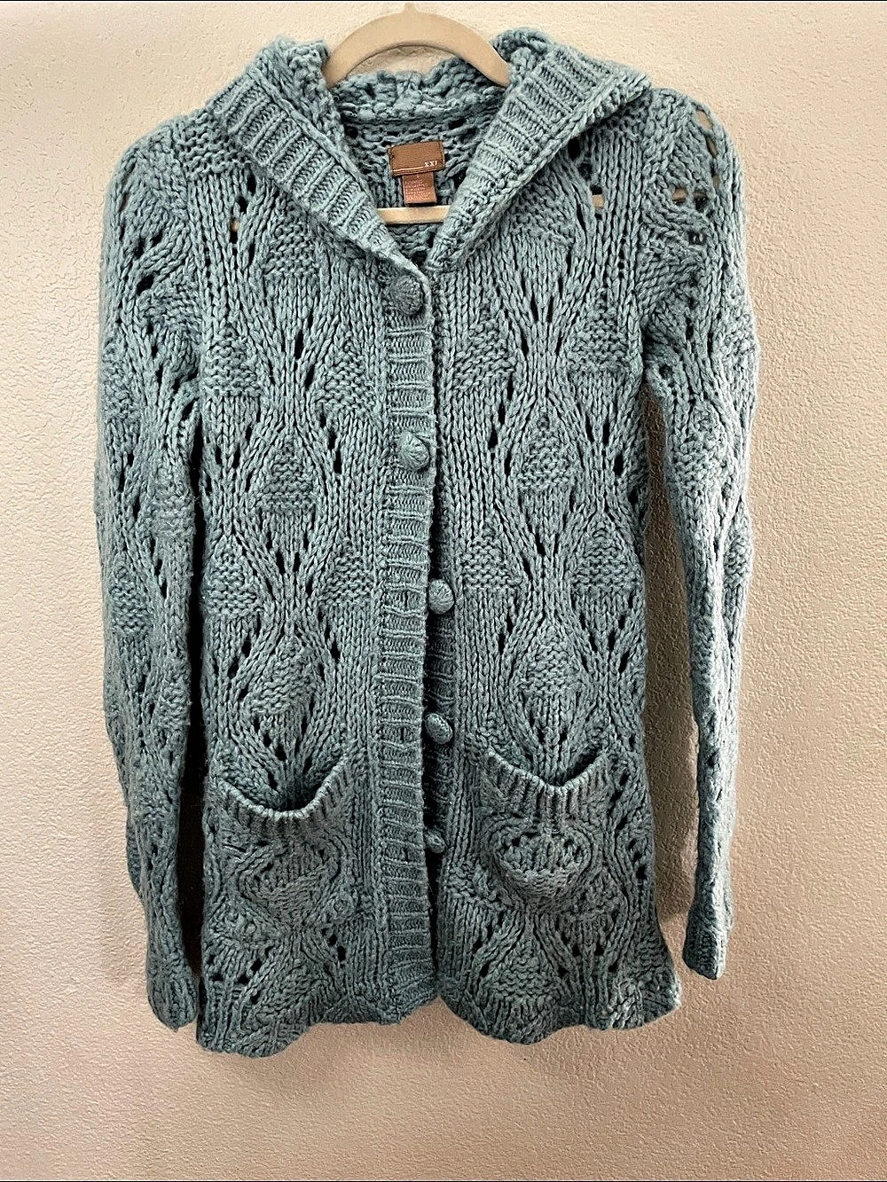 XXI Cable Knit Hooded long Cardigan bright Blue wool blend Small feminine